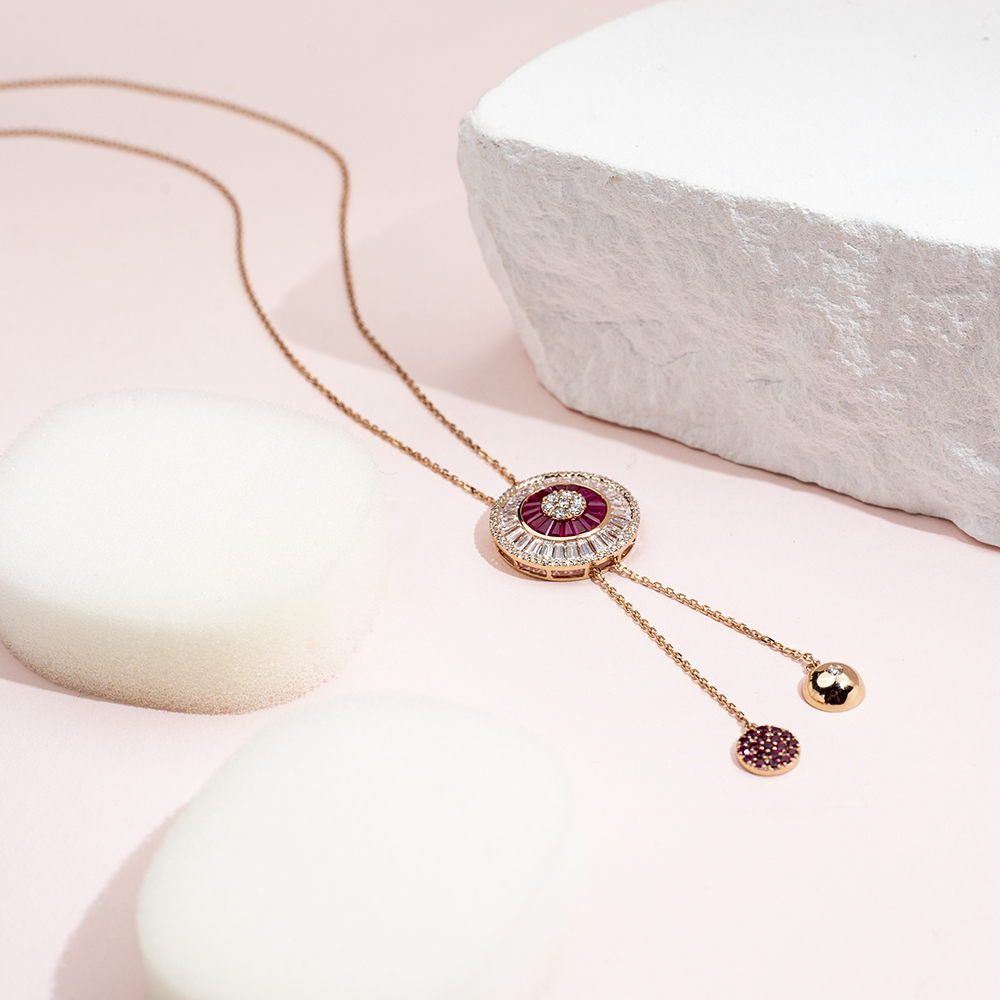 Fancy Shape Lab Diamond E VVS2 Lab Ruby 18K Rose Gold Necklace MSN-850