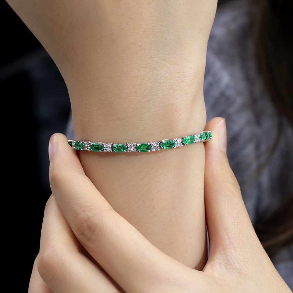 MissDiamond Oval Shape Lab Emerald 18K Gold 160mm Tennis Bracelet MSB-627