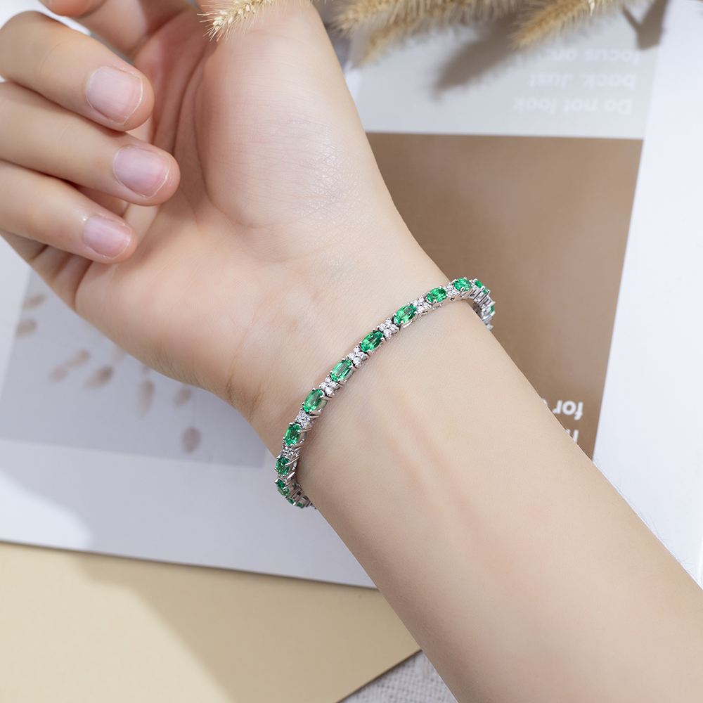 MissDiamond Oval Shape Lab Emerald 18K Gold 160mm Tennis Bracelet MSB-627