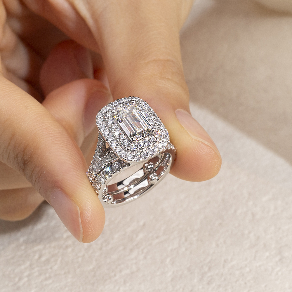 MissDiamond Emerald Cut Lab Grown Diamond 1.5CT Double Halo D VVS2 18K White Gold Ring Set MSR-1690