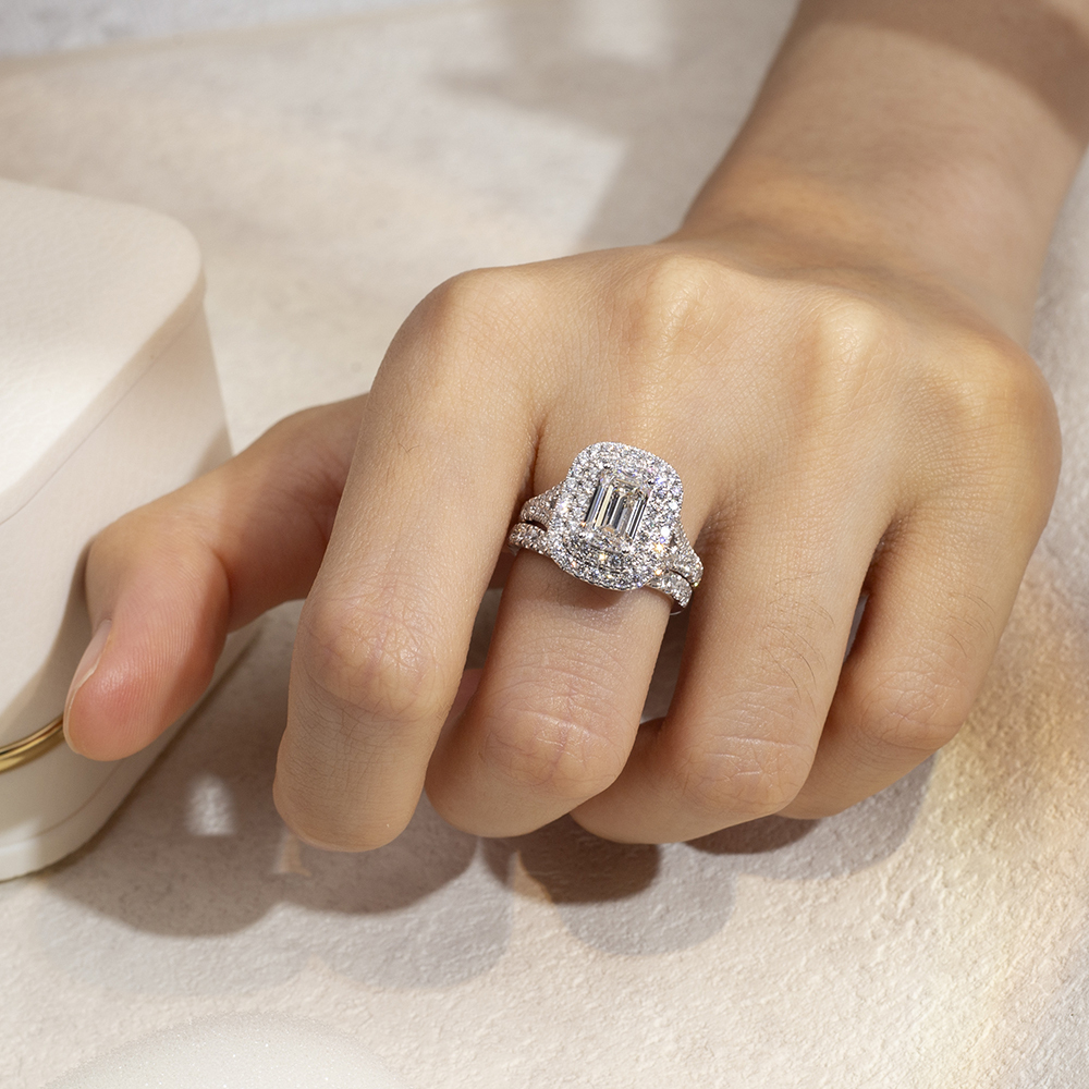 MissDiamond Emerald Cut Lab Grown Diamond 1.5CT Double Halo D VVS2 18K White Gold Ring Set MSR-1690