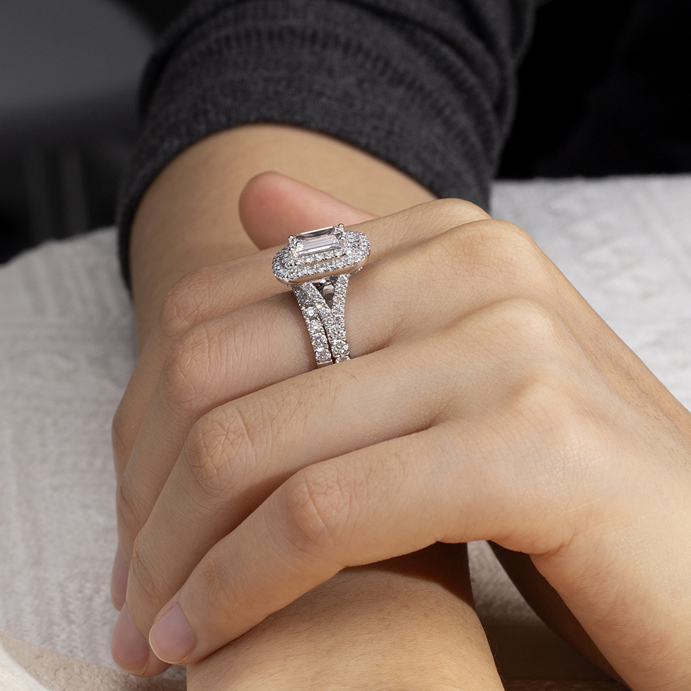MissDiamond Emerald Cut Lab Grown Diamond 1.5CT Double Halo D VVS2 18K White Gold Ring Set MSR-1690