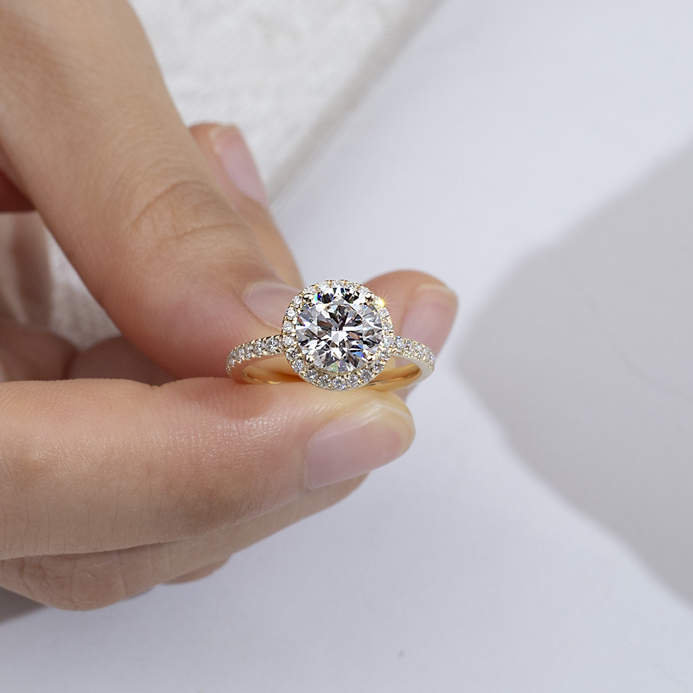 MissDiamond Round Cut Lab Grown Diamond 1.66CT D VS1 9K Yellow Gold Halo Ring MDR-0005
