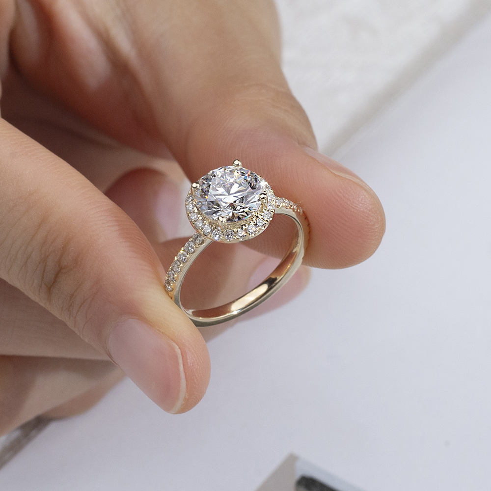 MissDiamond Round Cut Lab Grown Diamond 1.66CT D VS1 9K Yellow Gold Halo Ring MDR-0005