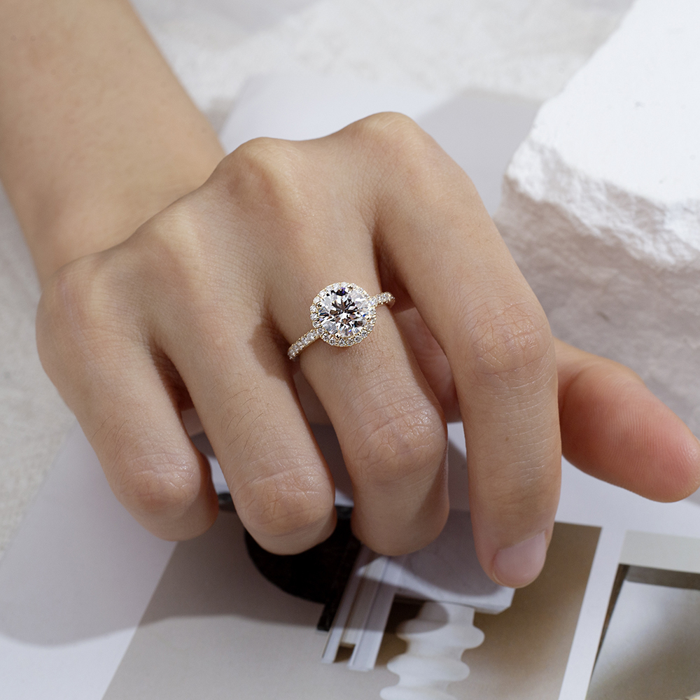 MissDiamond Round Cut Lab Grown Diamond 1.66CT D VS1 9K Yellow Gold Halo Ring MDR-0005