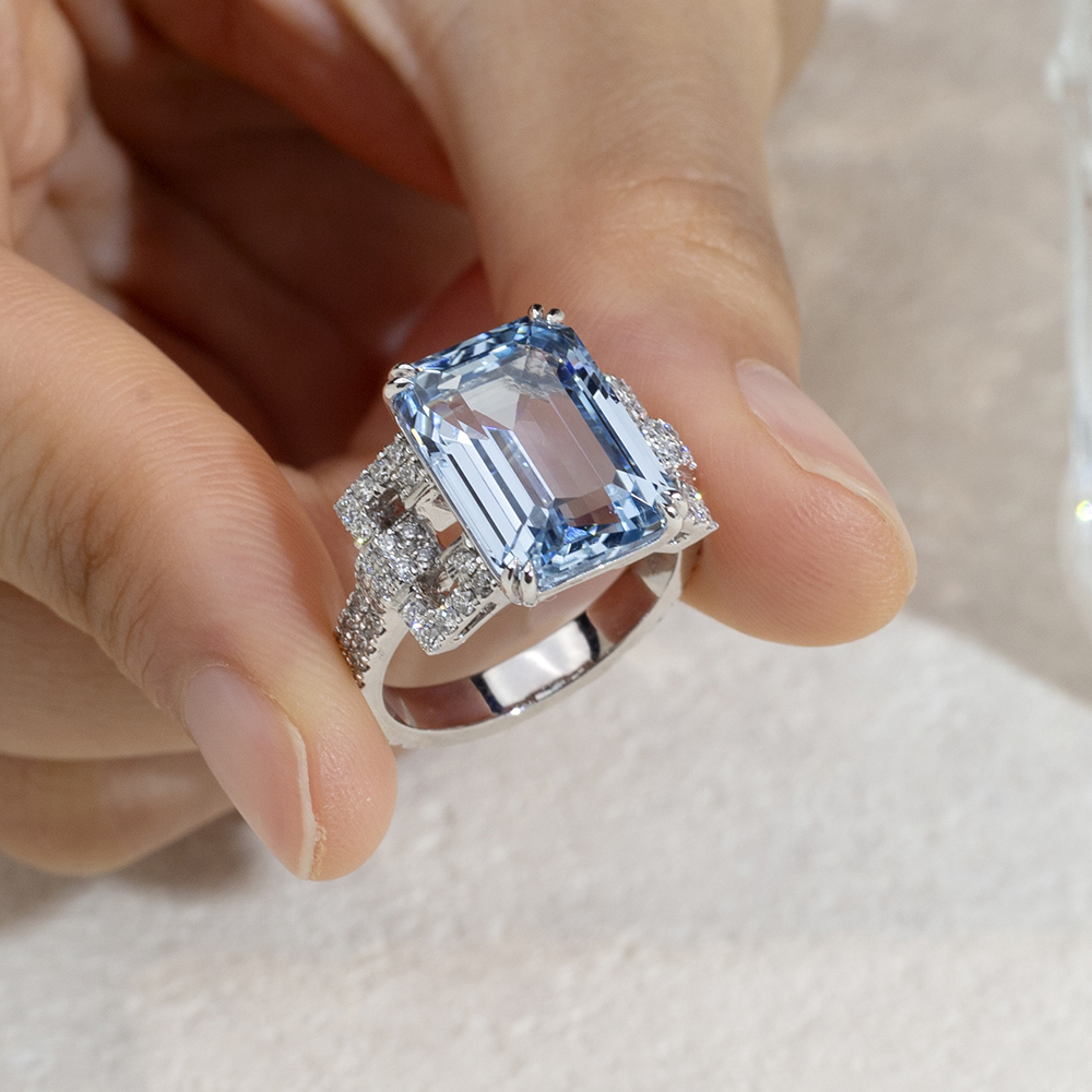 MissDiamond Emerald Cut Lab Grown Aquamarine 10CT Solitaire 18K White Gold Ring MSR-1691