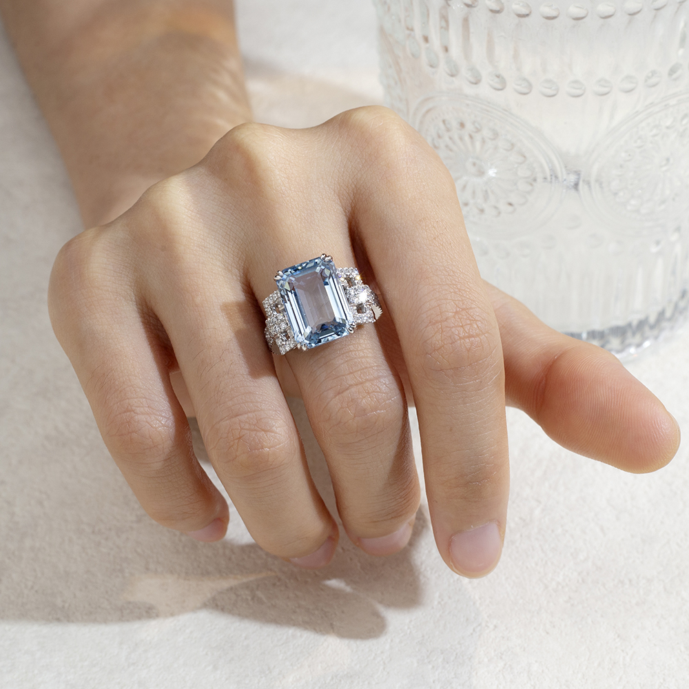 MissDiamond Emerald Cut Lab Grown Aquamarine 10CT Solitaire 18K White Gold Ring MSR-1691