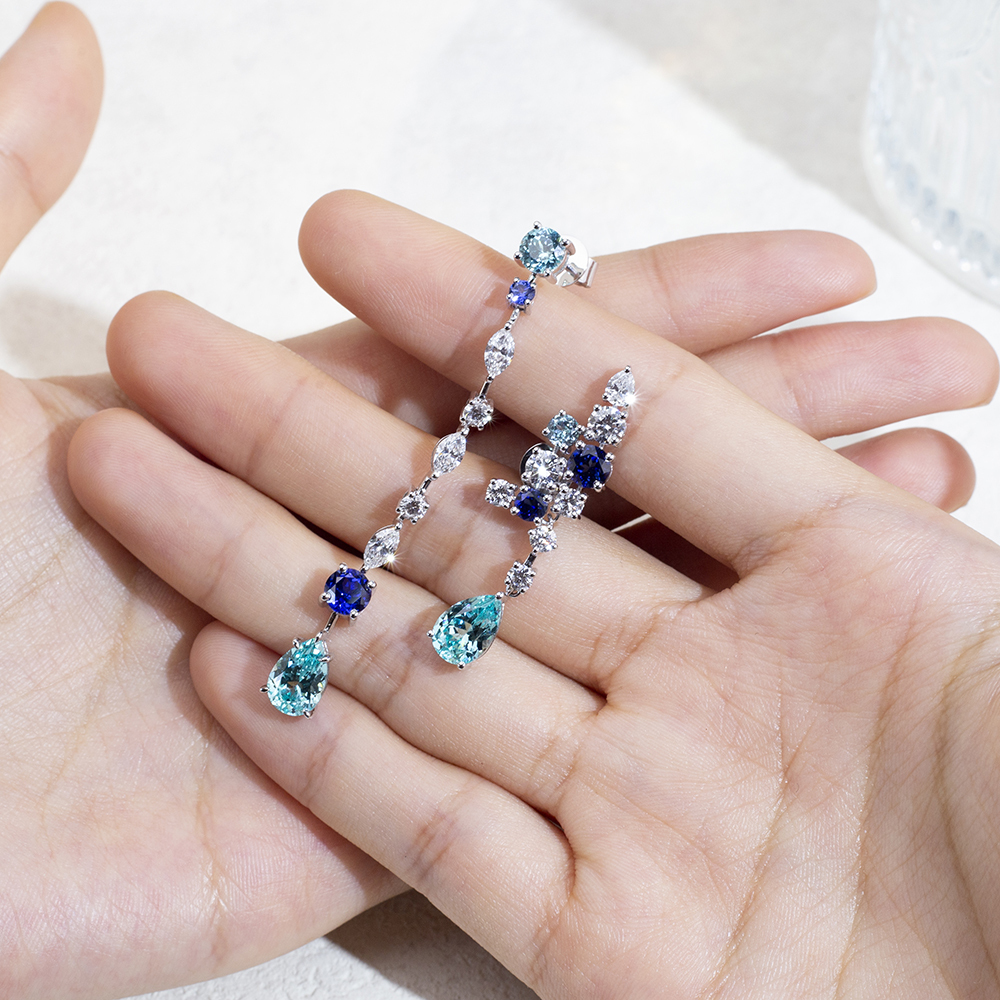 MissDiamond Pear Shape Lab Sapphire Paraiba S925 Silver Drop Earrings MSE-783