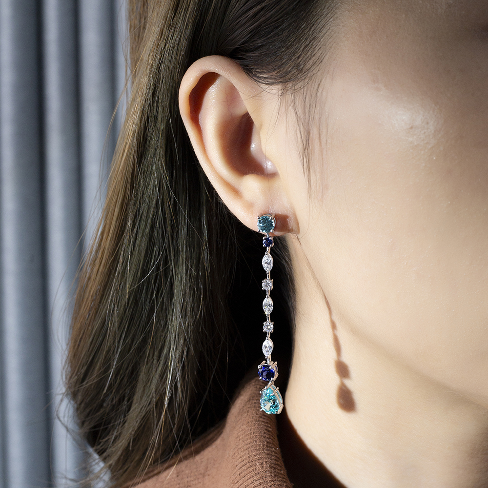 MissDiamond Pear Shape Lab Sapphire Paraiba S925 Silver Drop Earrings MSE-783