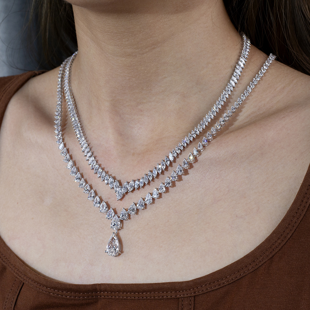 MissDiamond Pear Marquise Shape Lab Grown Diamond E VVS1 18K White Gold 450mm Tennis Necklace MSN-852