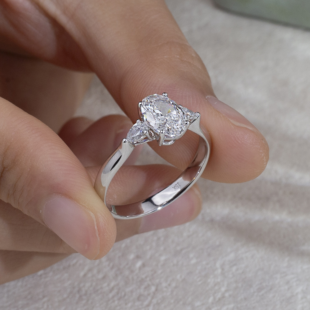 MissDiamond Oval Cut Lab Grown Diamond 1.5CT D VS1 Three Stones 18K White Gold Ring MSR-1697