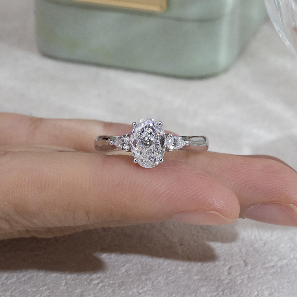 MissDiamond Oval Cut Lab Grown Diamond 1.5CT D VS1 Three Stones 18K White Gold Ring MSR-1697