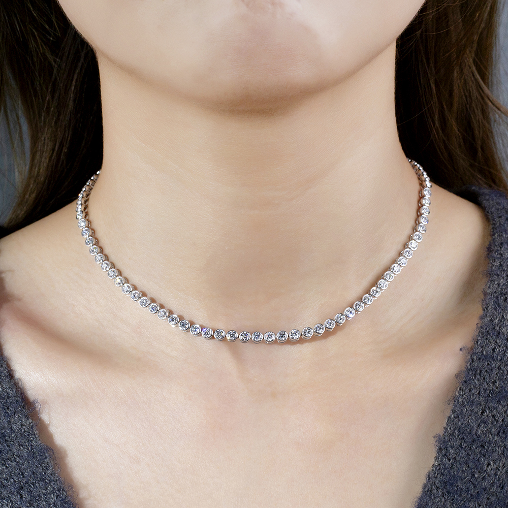 MissDiamond Round Shape Lab Grown Diamond E VVS1 18K White Gold 14 Inches Tennis Necklace MSN-856