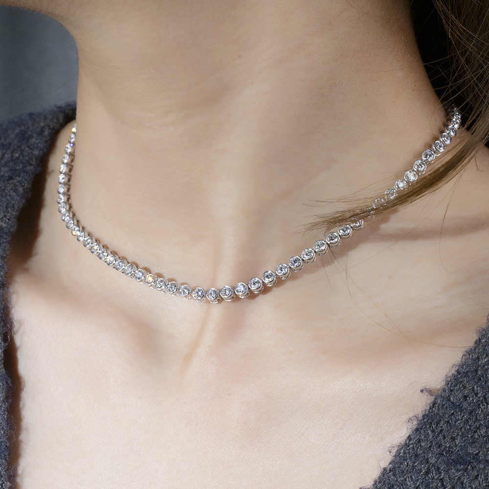 MissDiamond Round Shape Lab Grown Diamond E VVS1 18K White Gold 14 Inches Tennis Necklace MSN-856