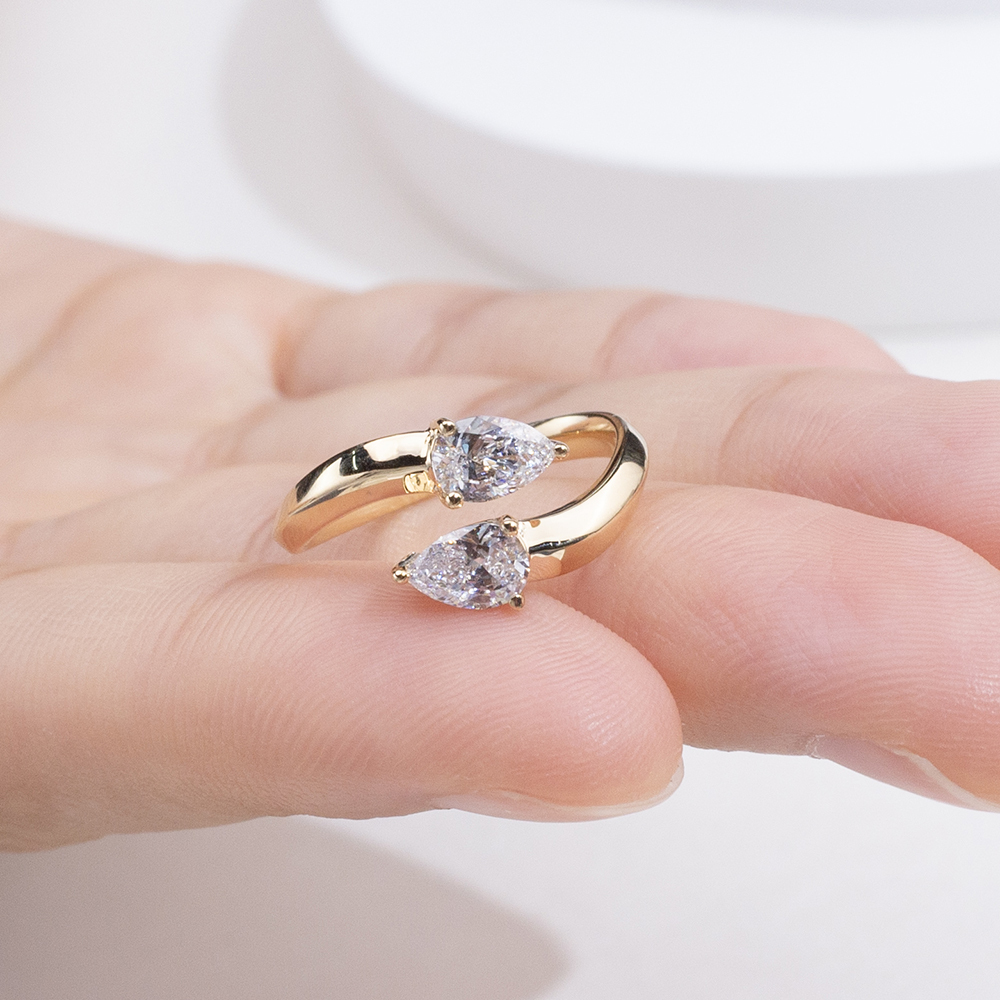 MissDiamond Pear Cut Lab Grown Diamond 18K Yellow Gold Two Stone Ring MSR-1947