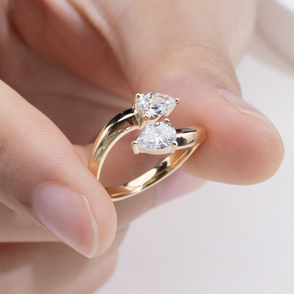 MissDiamond Pear Cut Lab Grown Diamond 18K Yellow Gold Two Stone Ring MSR-1947