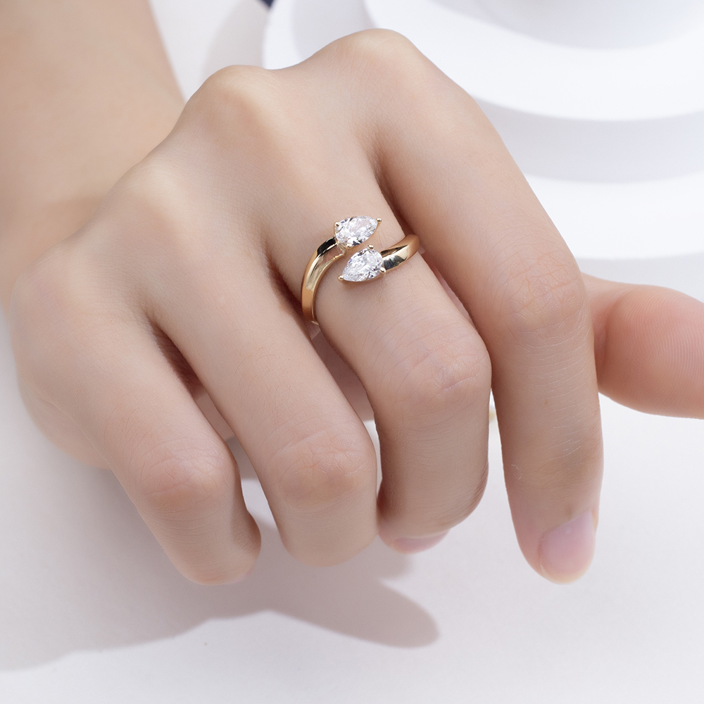 MissDiamond Pear Cut Lab Grown Diamond 18K Yellow Gold Two Stone Ring MSR-1947