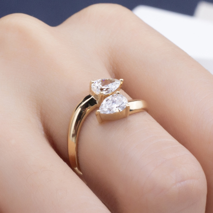 MissDiamond Pear Cut Lab Grown Diamond 18K Yellow Gold Two Stone Ring MSR-1947