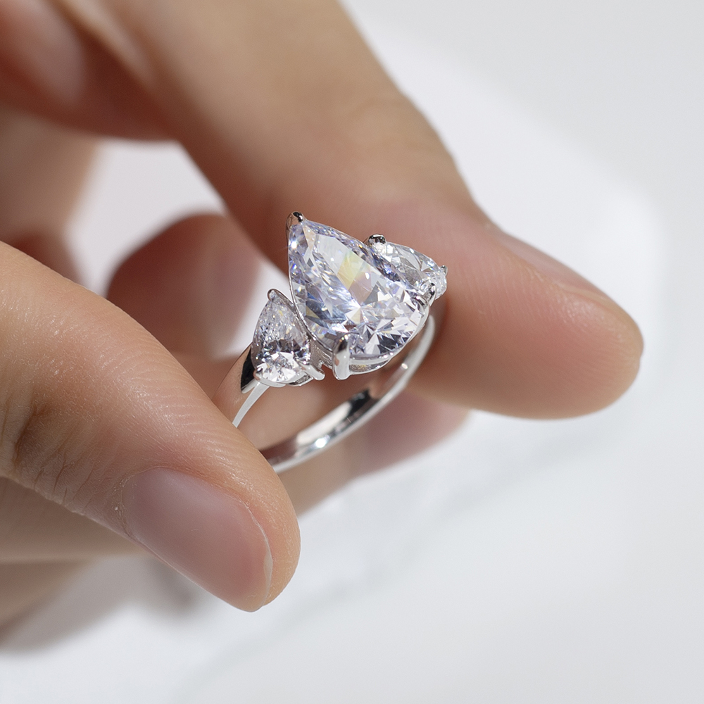 Pear Cut Lab Grown Diamond 3.2CT E VS1 Three Stones 18K White Gold Ring MSR-1620