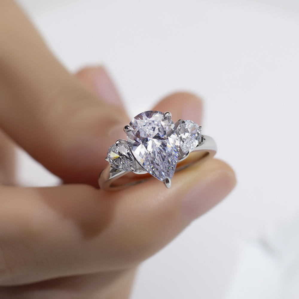 Pear Cut Lab Grown Diamond 3.2CT E VS1 Three Stones 18K White Gold Ring MSR-1620