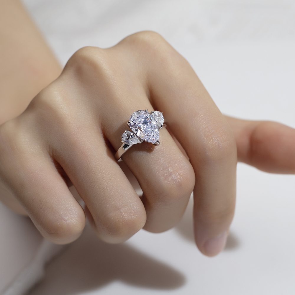 Pear Cut Lab Grown Diamond 3.2CT E VS1 Three Stones 18K White Gold Ring MSR-1620