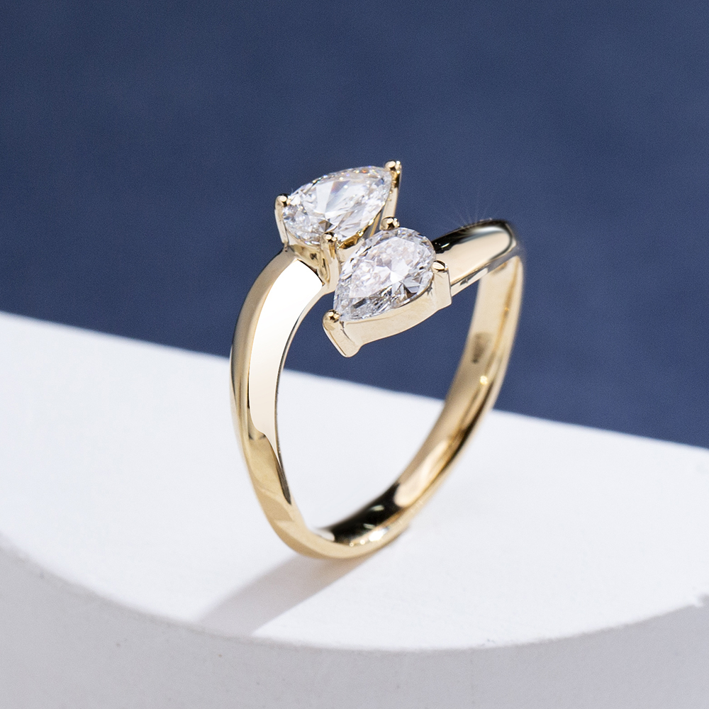 MissDiamond Pear Cut Lab Grown Diamond 18K Yellow Gold Two Stone Ring MSR-1947