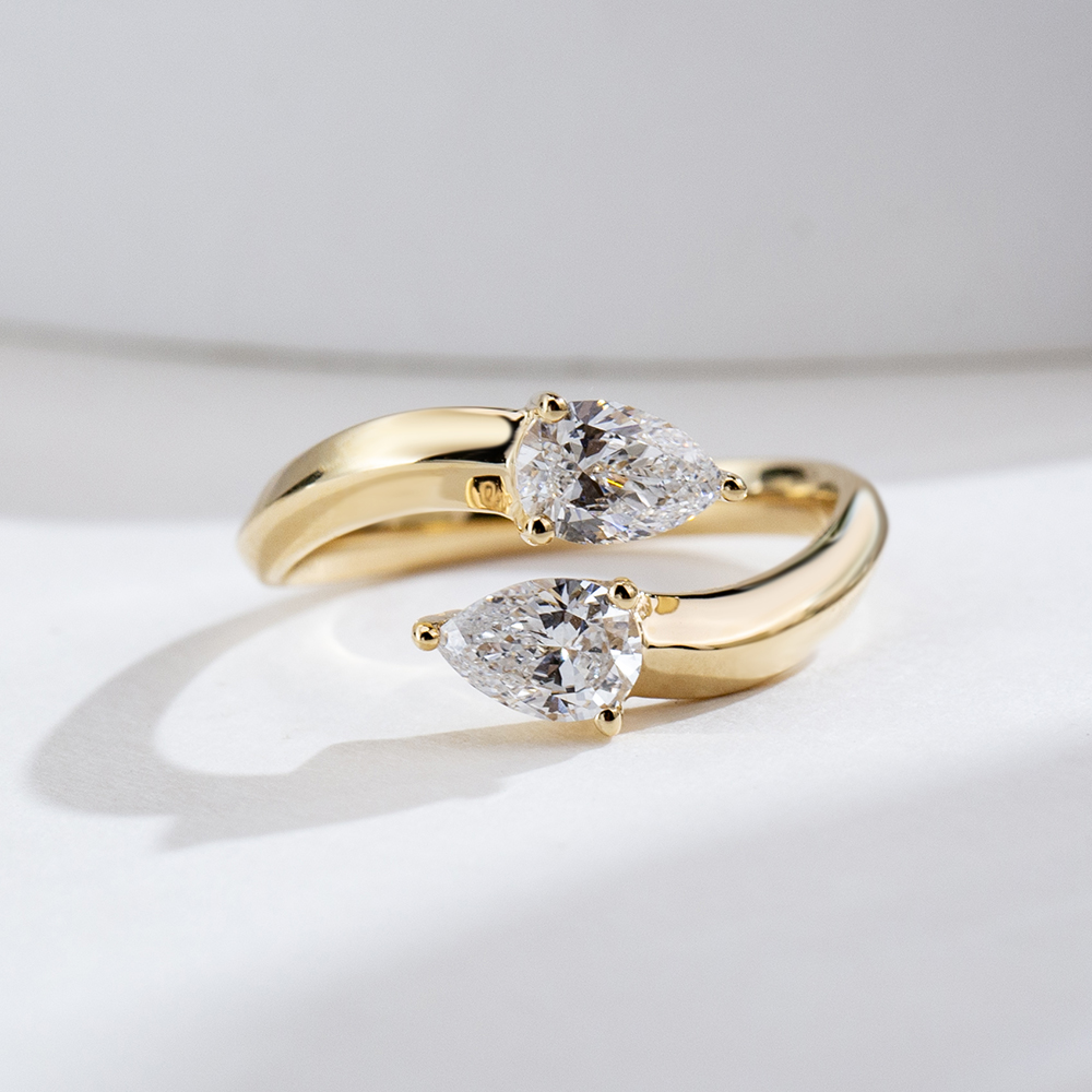 MissDiamond Pear Cut Lab Grown Diamond 18K Yellow Gold Two Stone Ring MSR-1947