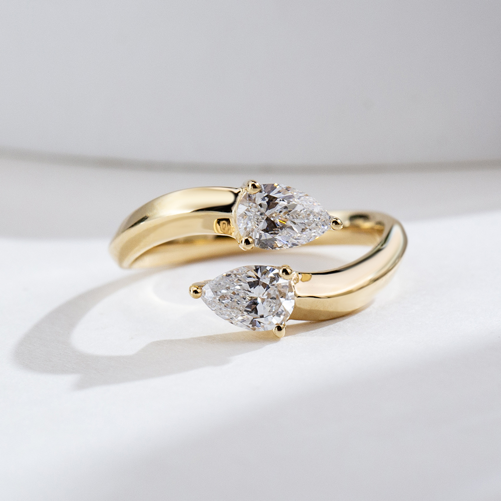 MissDiamond Pear Cut Lab Grown Diamond 18K Yellow Gold Two Stone Ring MSR-1947