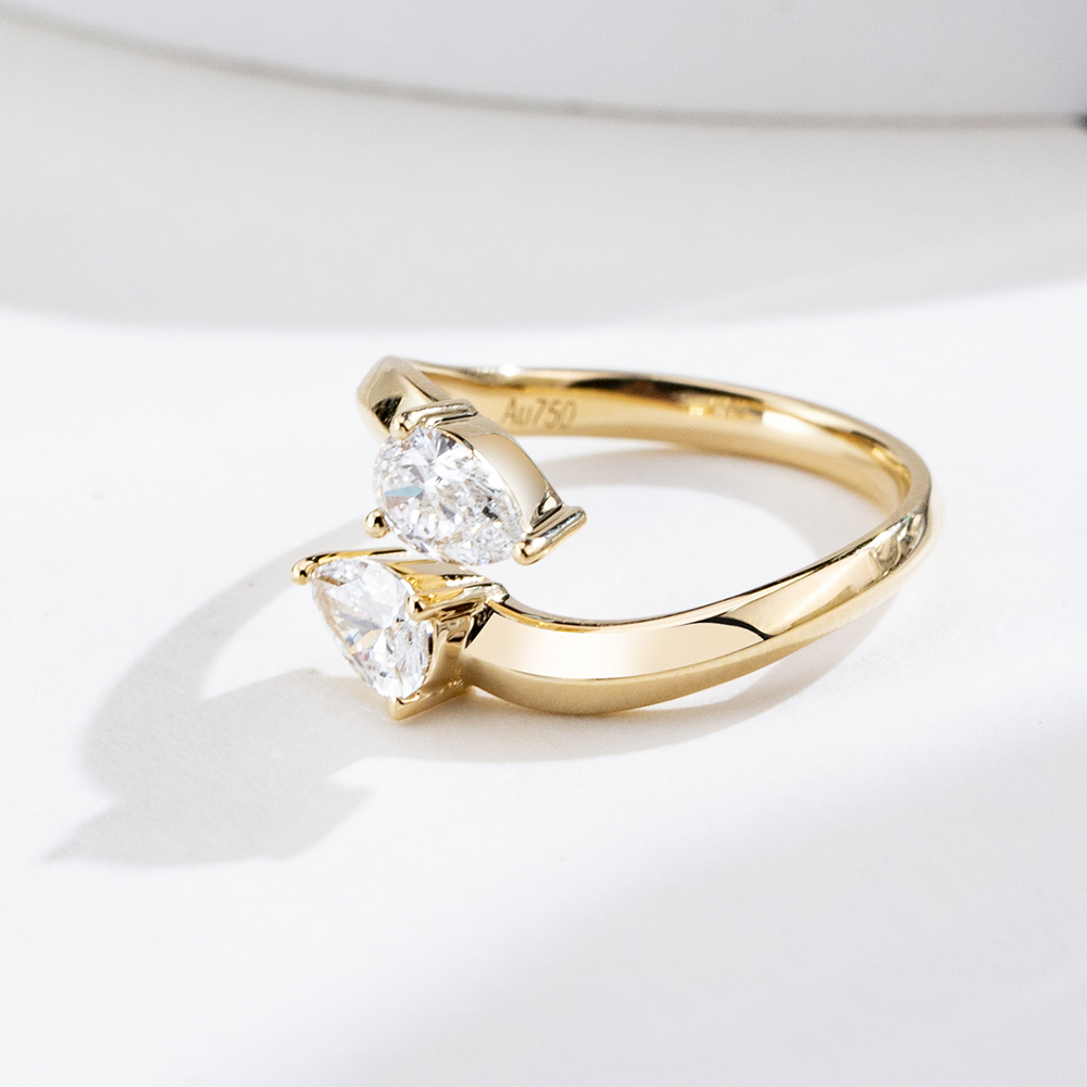 MissDiamond Pear Cut Lab Grown Diamond 18K Yellow Gold Two Stone Ring MSR-1947