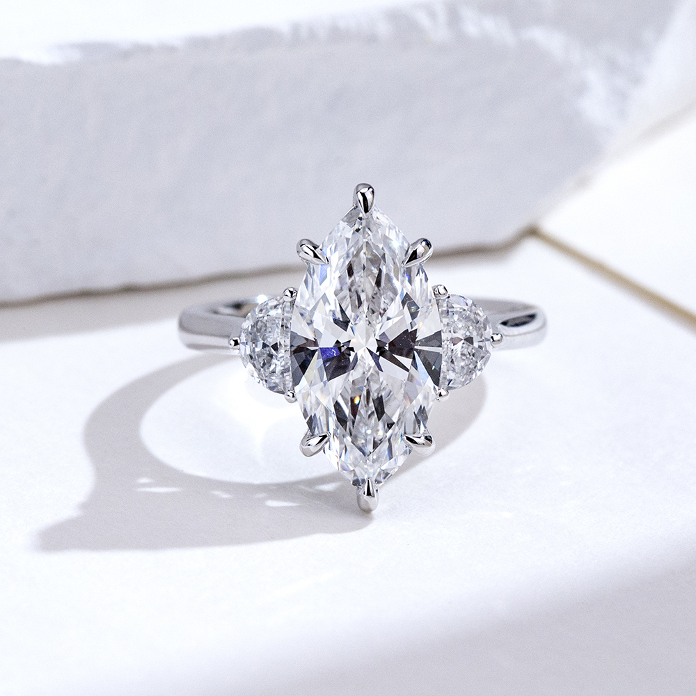 MissDiamond Marquise Cut Lab Grown Diamond 18K White Gold Three Stone Ring MSR-1960