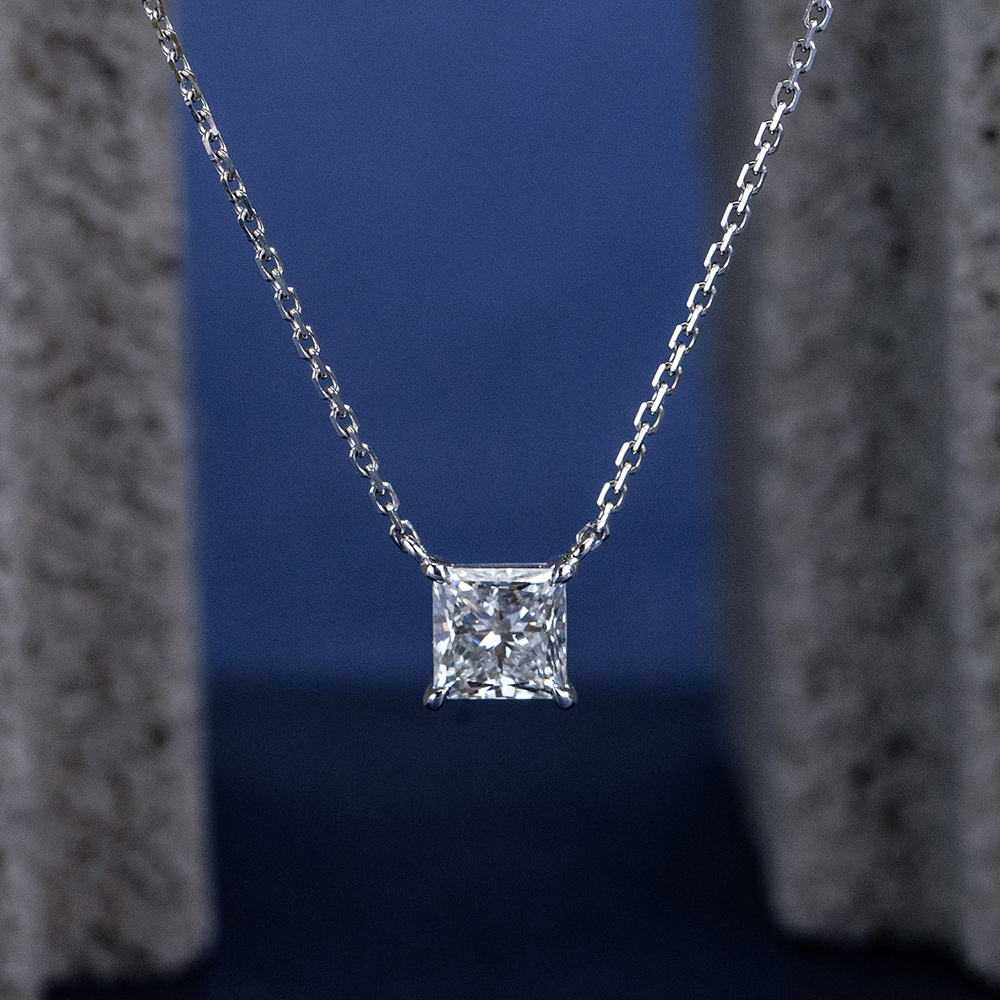 MissDiamond Princess Cut Lab Grown Diamond 1CT 9K White Gold Pendant Necklace MSN-954