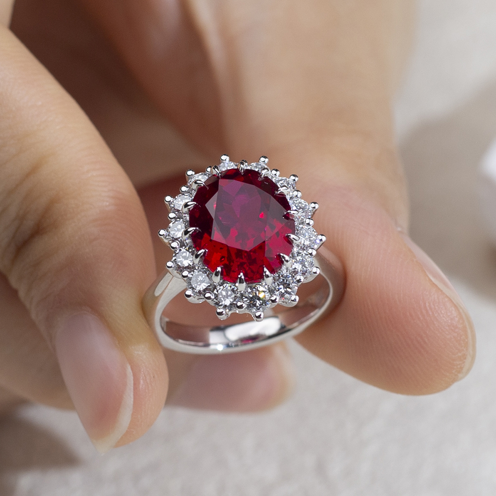 MissDiamond Oval Cut Lab Ruby 5CT Halo 18K Gold Ring MSR-1659
