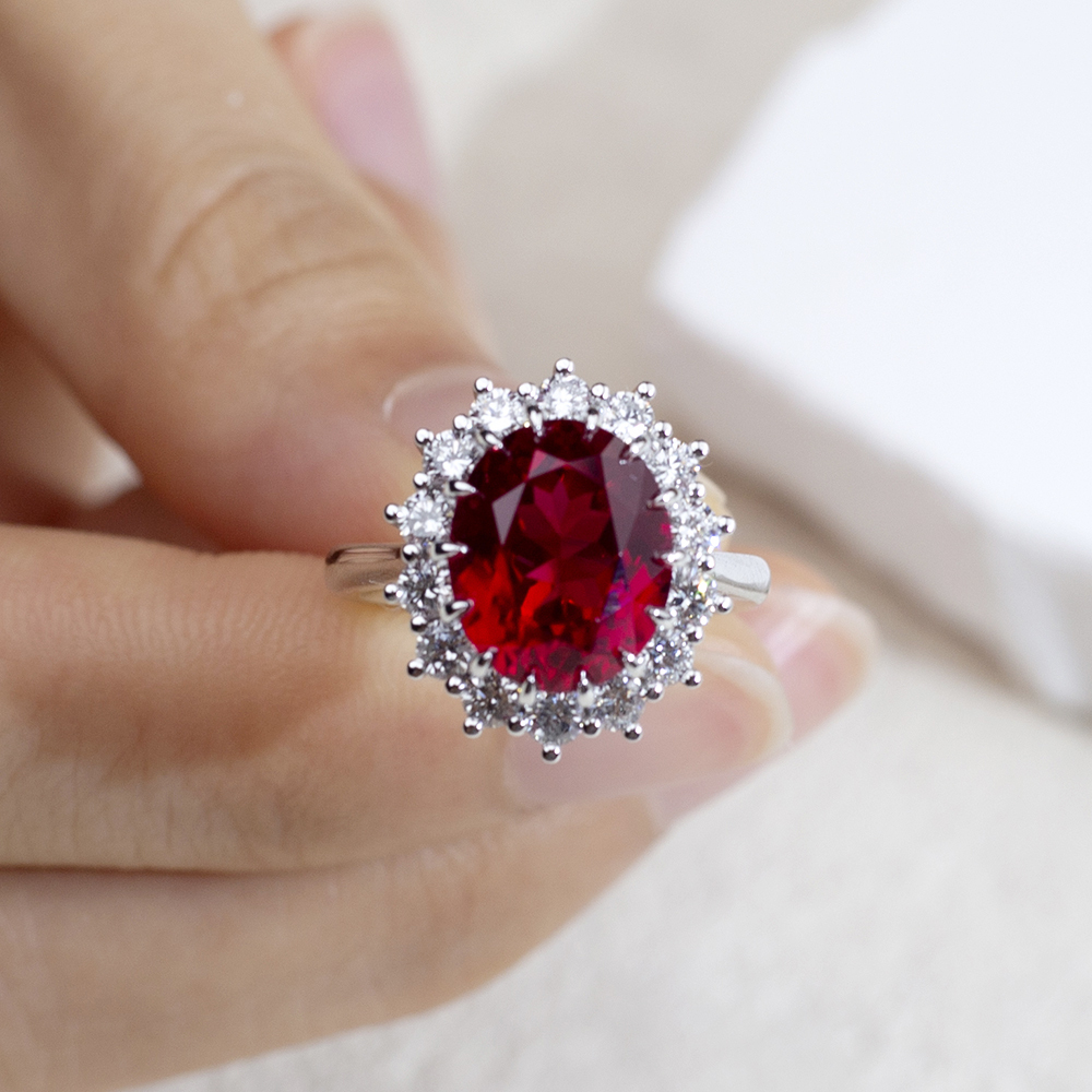 MissDiamond Oval Cut Lab Ruby 5CT Halo 18K Gold Ring MSR-1659