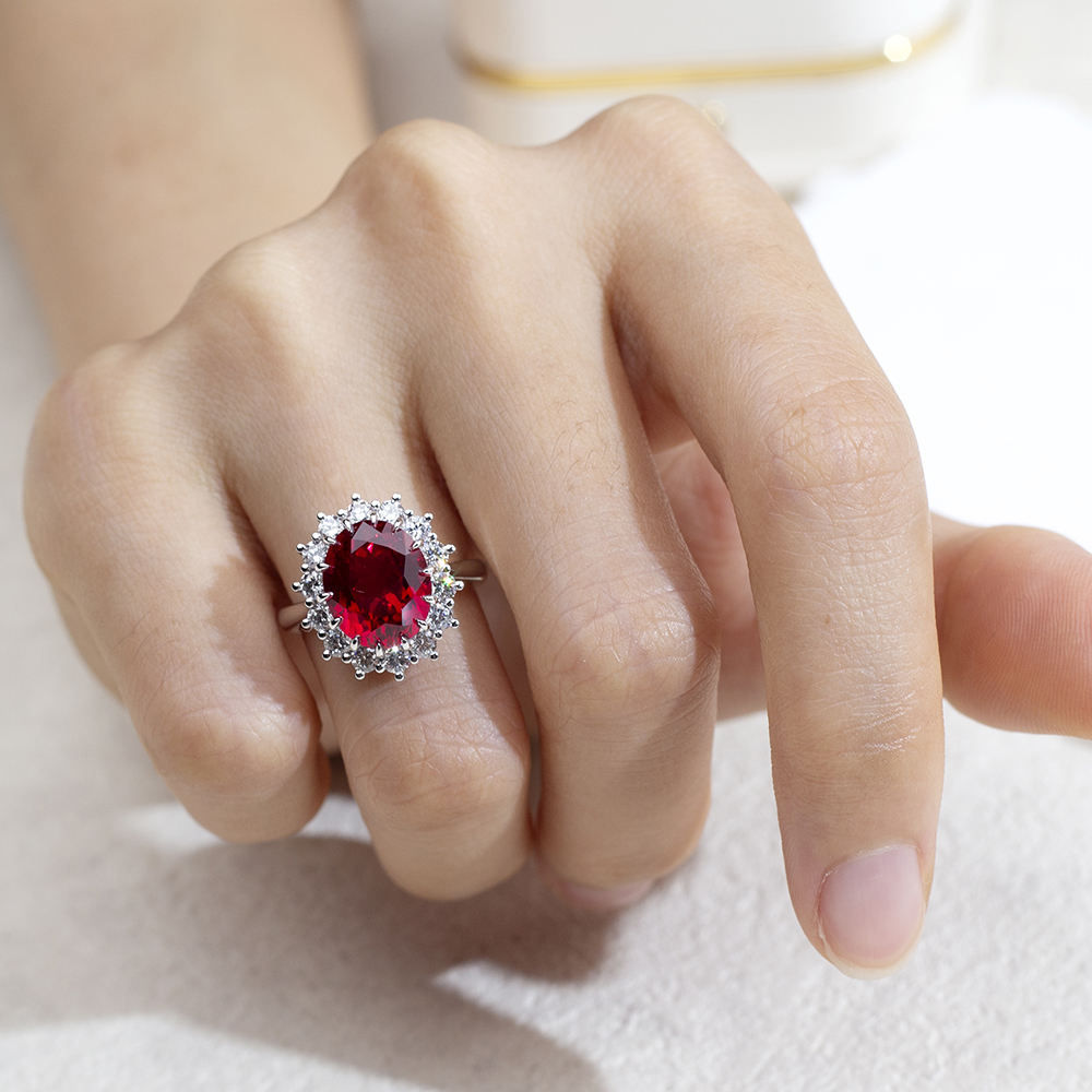 MissDiamond Oval Cut Lab Ruby 5CT Halo 18K Gold Ring MSR-1659