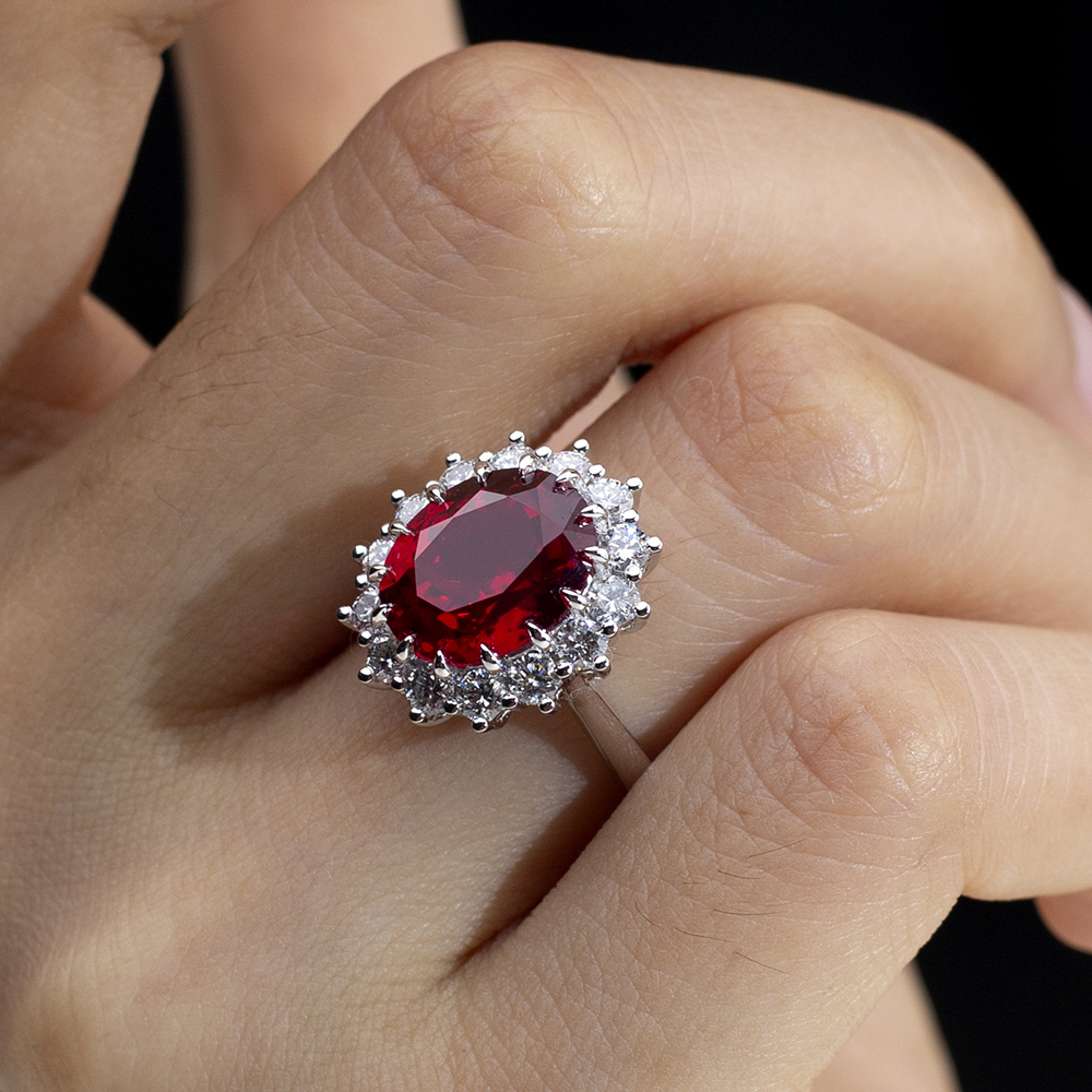MissDiamond Oval Cut Lab Ruby 5CT Halo 18K Gold Ring MSR-1659