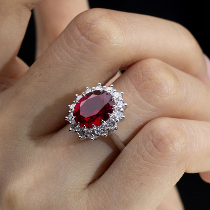 MissDiamond Oval Cut Lab Ruby 5CT Halo 18K Gold Ring MSR-1659