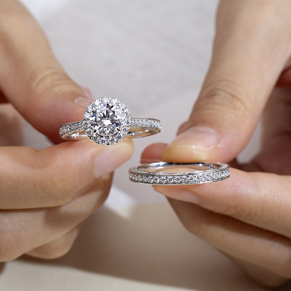 Round Cut Lab Grown Diamond 1.5CT Halo D VS1 18K White Gold Ring Set MSR-1666