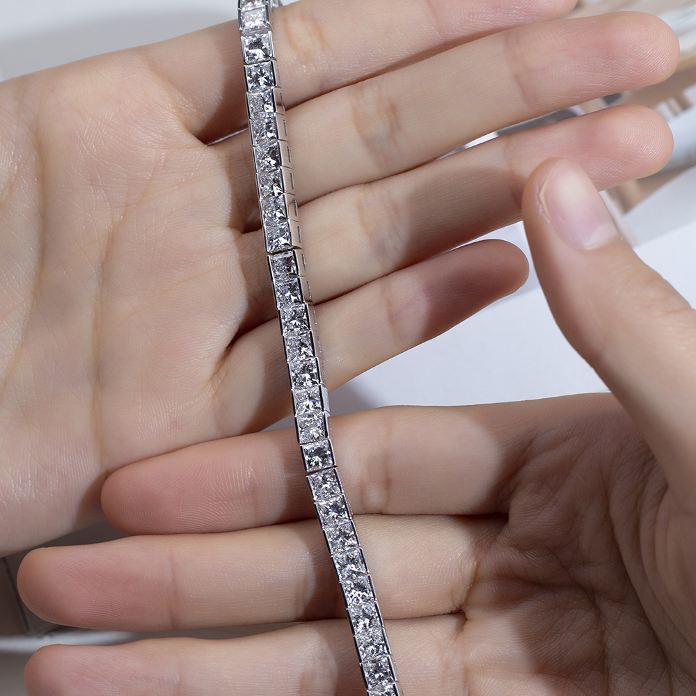 Princess Square Shape Lab Grown Diamond E VVS2 9K White Gold 100mm Tennis Bracelet MSB-623