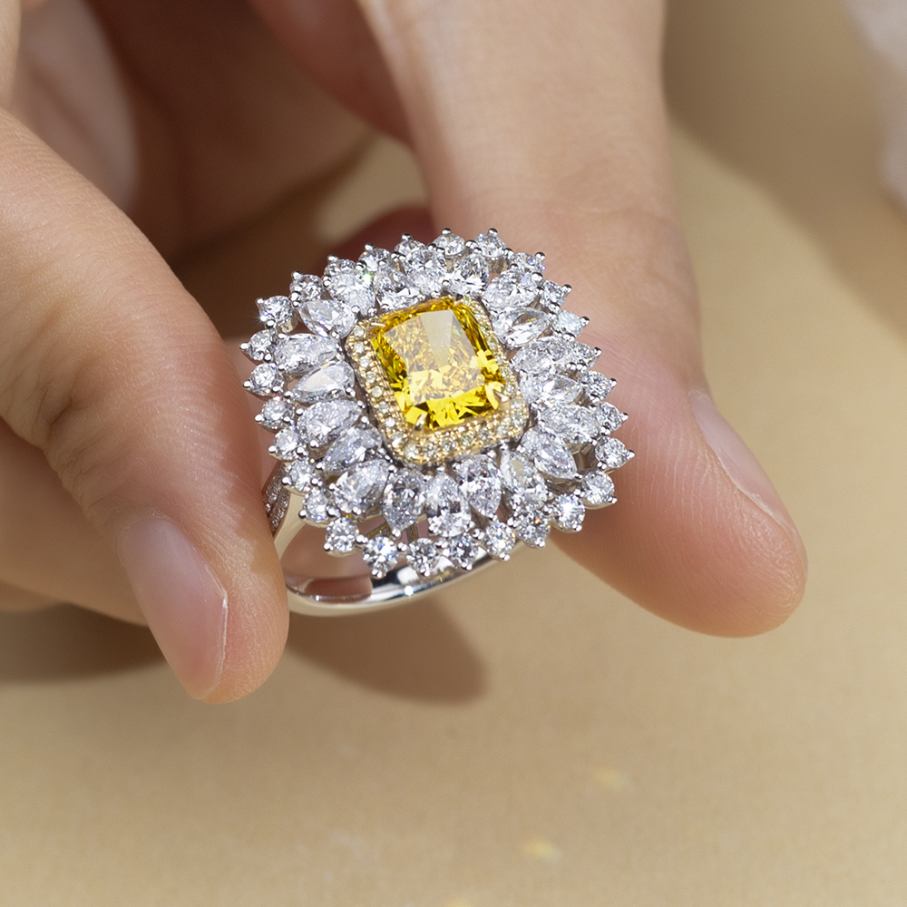 Radiant Cut Yellow Lab Diamond 2.1CT Double Halo 18K White Gold Ring MSR-1671