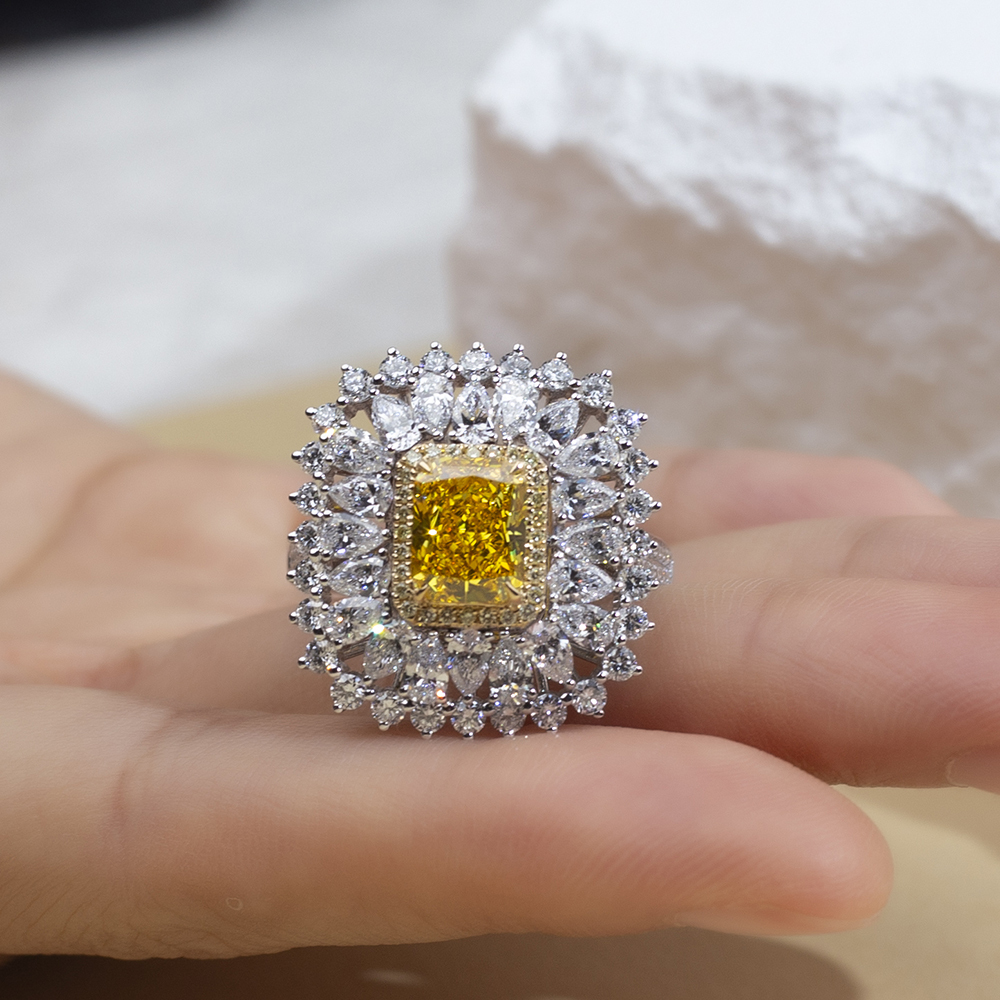 Radiant Cut Yellow Lab Diamond 2.1CT Double Halo 18K White Gold Ring MSR-1671
