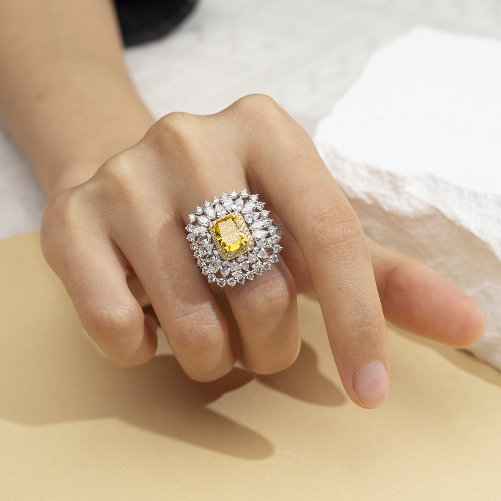 Radiant Cut Yellow Lab Diamond 2.1CT Double Halo 18K White Gold Ring MSR-1671