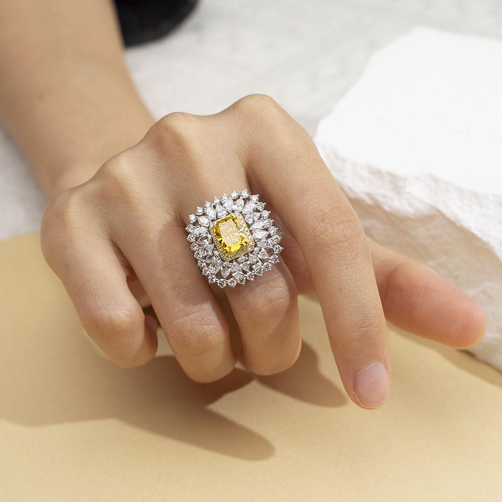 Radiant Cut Yellow Lab Diamond 2.1CT Double Halo 18K White Gold Ring MSR-1671