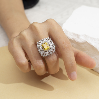 Radiant Cut Yellow Lab Diamond 2.1CT Double Halo 18K White Gold Ring MSR-1671