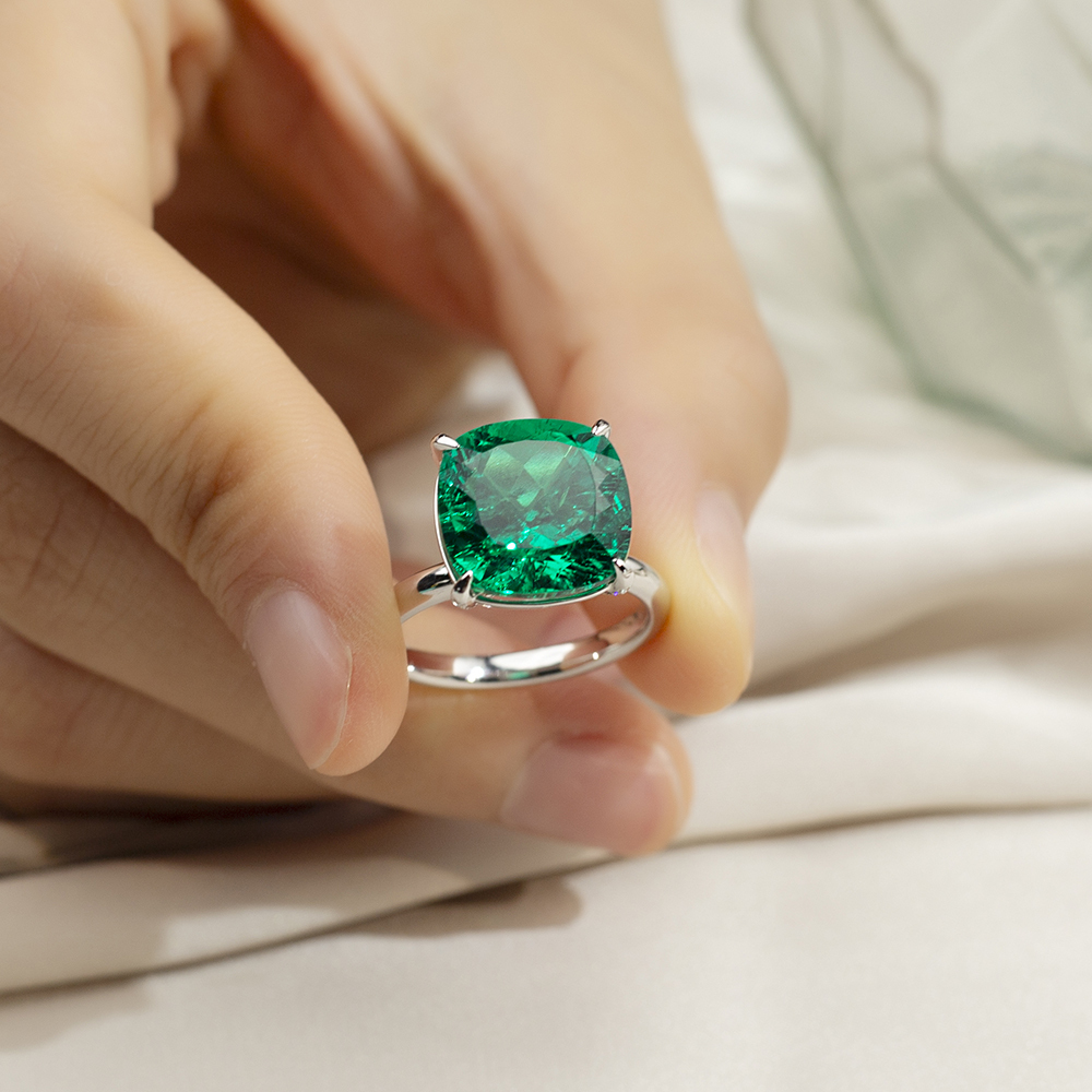 Cushion Cut Lab Grown Emerald 11CT Solitaire 18K White Gold Ring MSR-1672