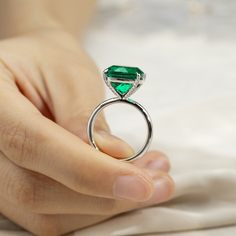 Cushion Cut Lab Grown Emerald 11CT Solitaire 18K White Gold Ring MSR-1672