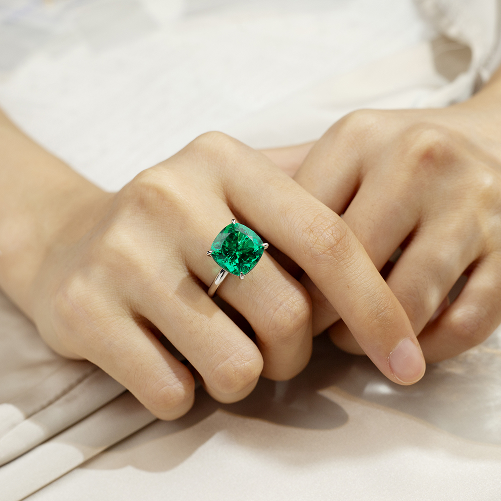 Cushion Cut Lab Grown Emerald 11CT Solitaire 18K White Gold Ring MSR-1672