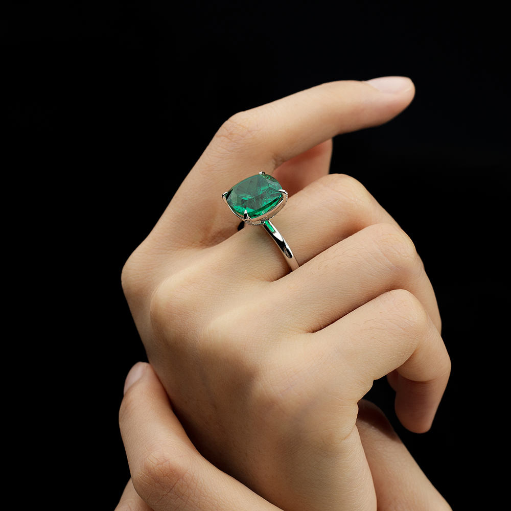 Cushion Cut Lab Grown Emerald 11CT Solitaire 18K White Gold Ring MSR-1672