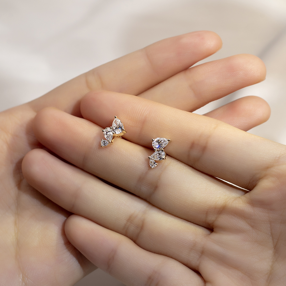 Pear Shape Three Stones Lab Grown Diamond E VVS2 14K Gold Earrings MSE-772