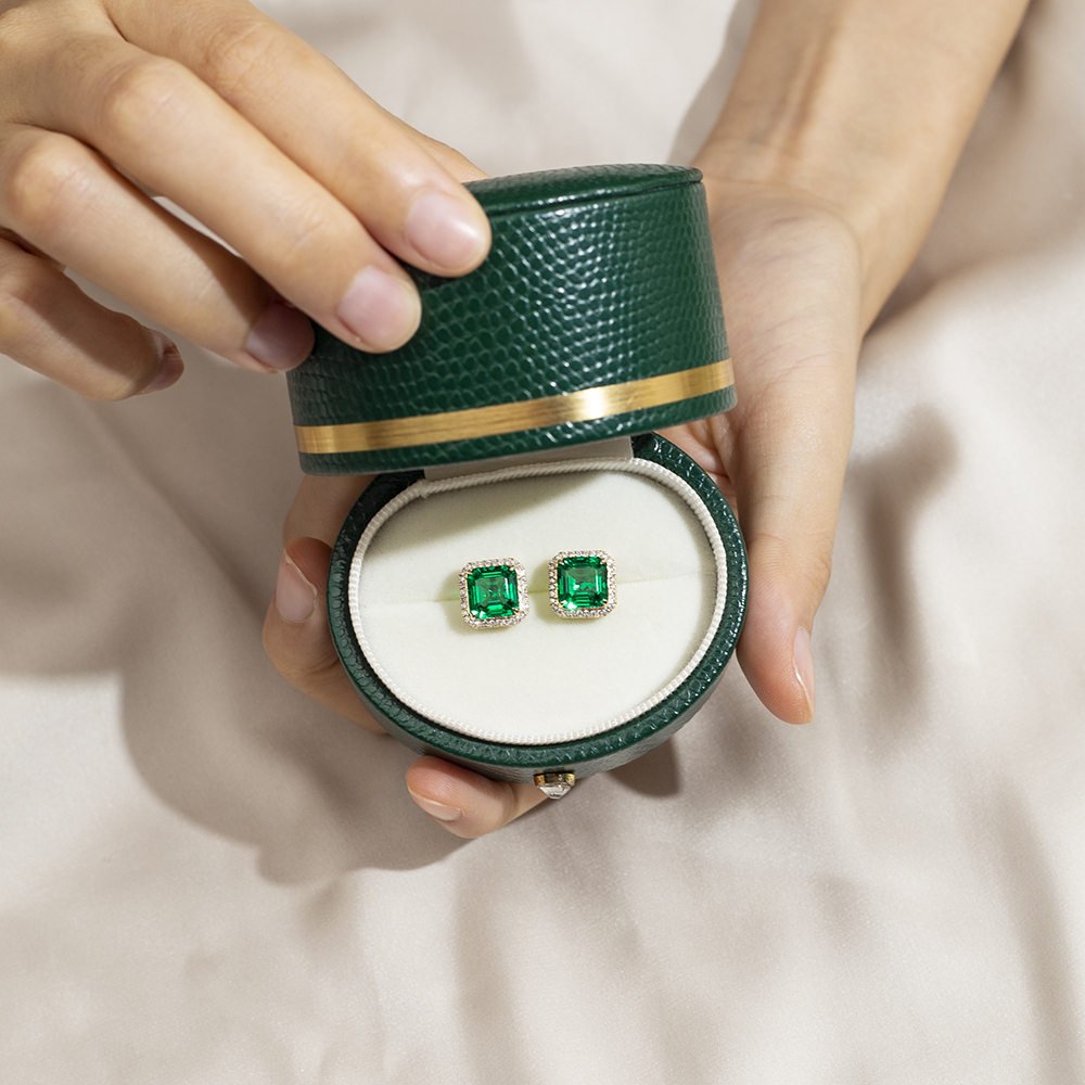 Asscher Shape Lab Emerald 18K Gold Earrings MSE-774