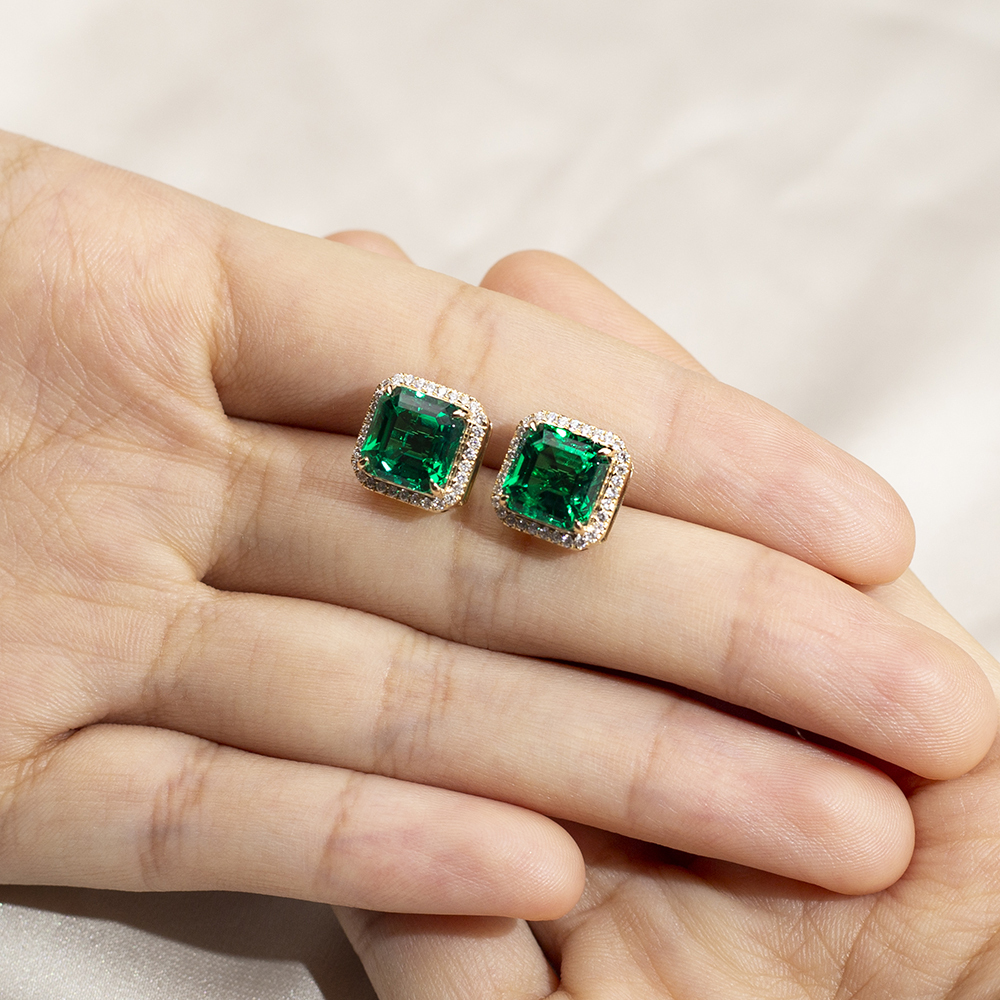 Asscher Shape Lab Emerald 18K Gold Earrings MSE-774